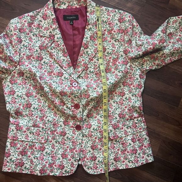 Talbots Blazer Size 16 Floral Pink 3/4 Sleeve Lined Button Front Collar - Picture 6 of 12